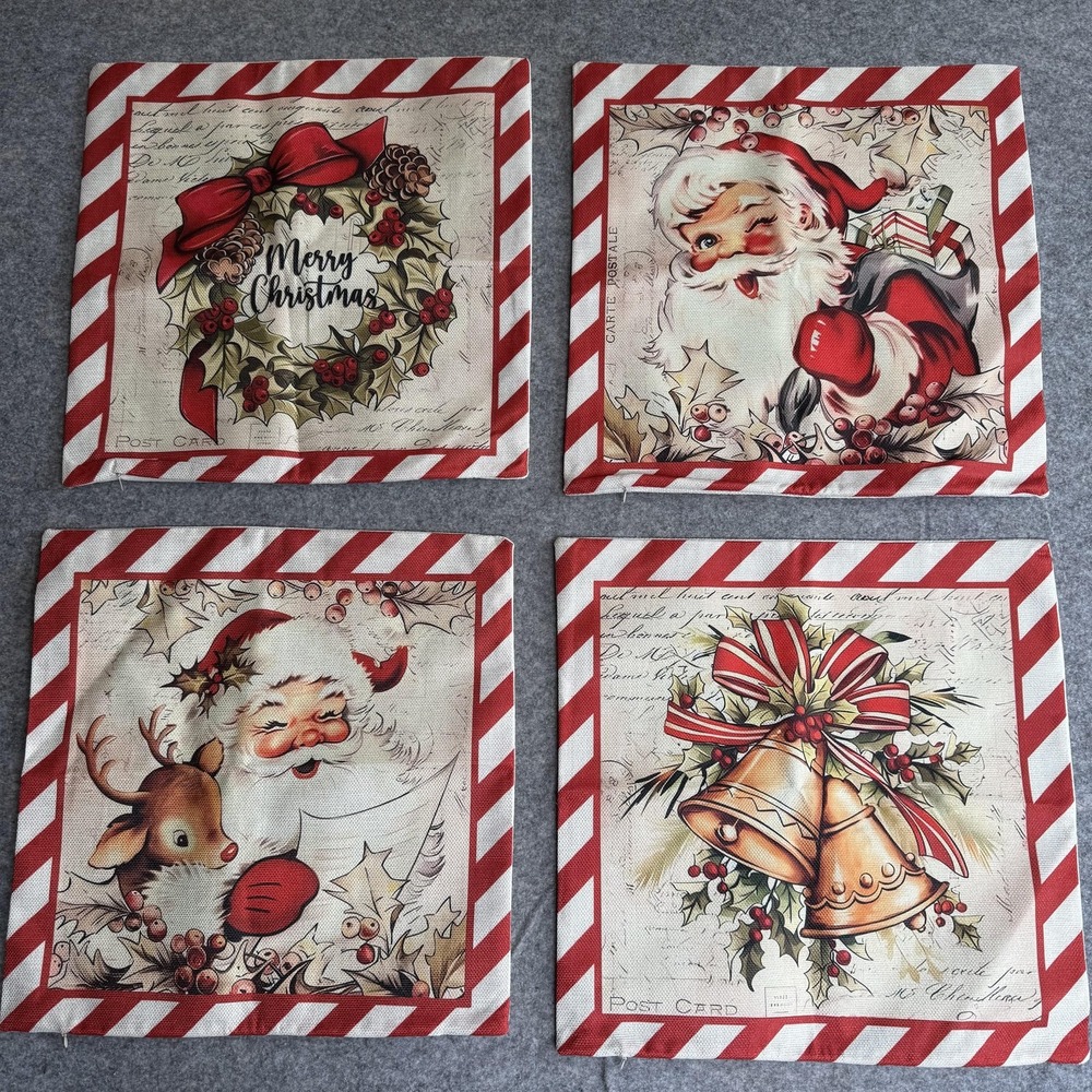Christmas Throw Pillow Covers Lot 4 18x18 Vintage Santa Wreath Bells Reindeer
